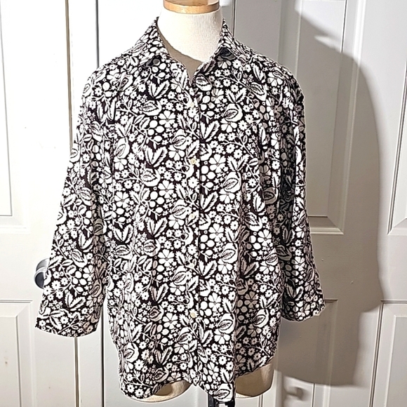 RALPH LAUREN, NWT brown tropical print women's button-down blouse. Size XL - Picture 1 of 12